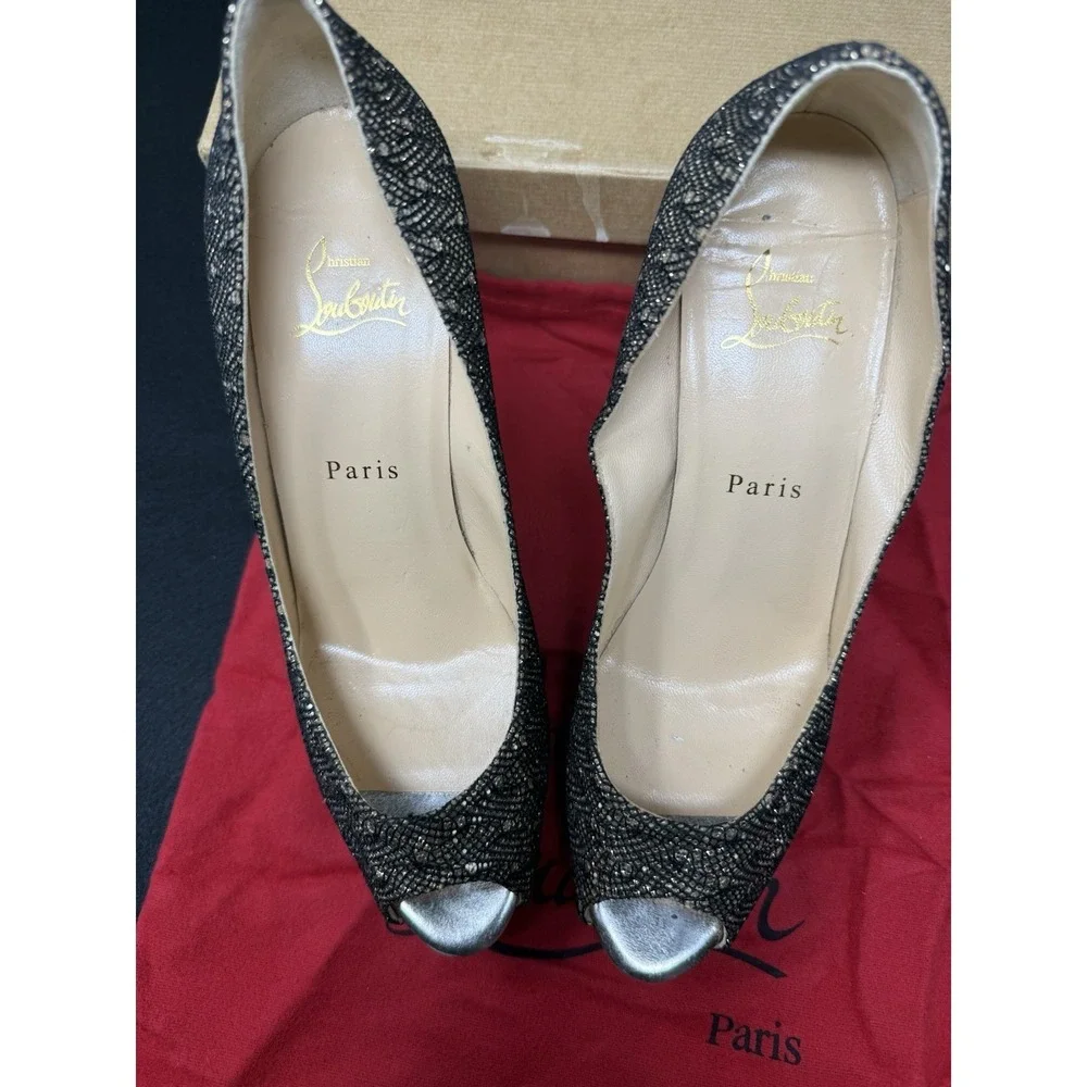 Christian Louboutin Black Lace Glitter Peep Toe Heels Red Bottom Pumps EU 39